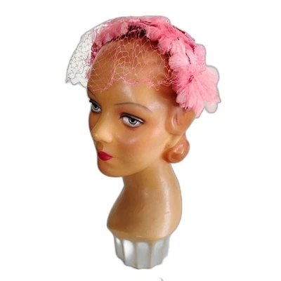 50s 60s Vintage Pink Floral Headband Style Hat - Image 1 of 4