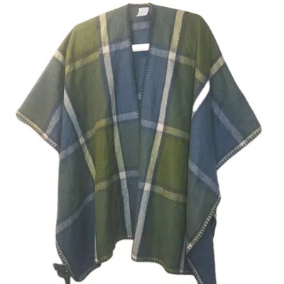 Woolrich Chal Poncho Abrigo Cárdigan Suéter Azul Verde A Cuadros Mujer OS Costero  Foto 1 de 4