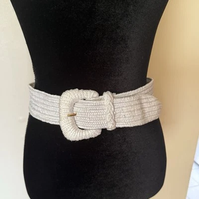 Women Stretchy Nylon Woven Retro 1980s 80s White Belt - Image 1 of 4