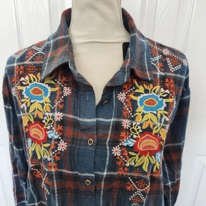 Boho-Top Damen Button Down kariert mit bestickten Blumen Größe 2XL - Bild 1 von 11