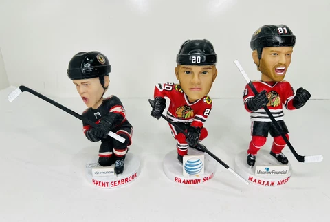 LOT OF 3 CHICAGO BLACKHAWKS BRENT SEABROOK BRANDON SAAD MARIAN HOSSA BOBBLEHEAD Cover