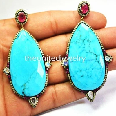 92.5 Sterling Silver Pave Diamond Turquoise Ruby Dangle Earrings Jewelry - Image 1 of 2