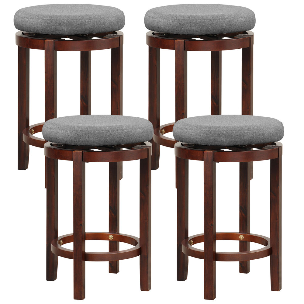 Set of 4 Upholstered Swivel Round Bar Stools 26" Wooden Pub Kitchen Chairs Gray