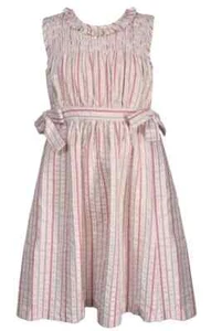 NWT Bonnie Jean Girls Size 6X Ivory Pink Green Stripe Smocked Seersucker Dress - Picture 1 of 3