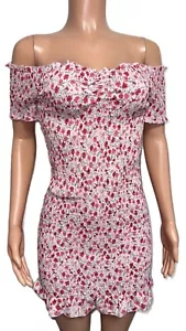 Timing Pink Floral Off Shoulder Smocked Bust And Arms Mini Dress L Ruffled Nwts - Picture 1 of 3