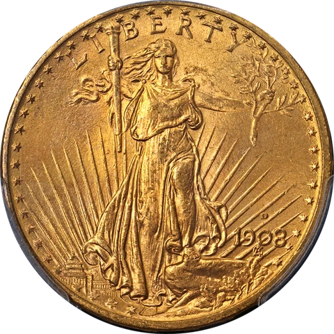 1908-D Saint-Gaudens Gold $20 w/ Motto PCGS MS65 Great Eye Appeal Strong Strike Cover
