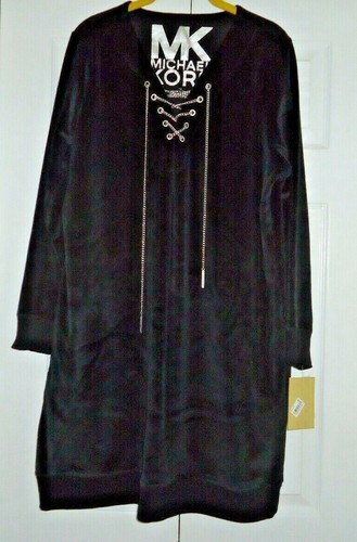 NUOVO abito donna Michael Kors nero casual velluto stringato scollo a V manica lunga 1X