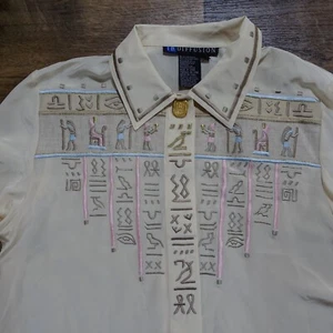 IB Diffusion 100% Silk Blouse w Egyptian Theme Embroidery - Long Sleeve - Collar - Picture 1 of 12