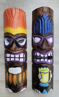 2 TIKI MASKS 20" WOOD  HAWAIIAN ISLAND HOME WALL DECOR TRIBAL AFRICAN POLYNESIAN - Image 1 of 4