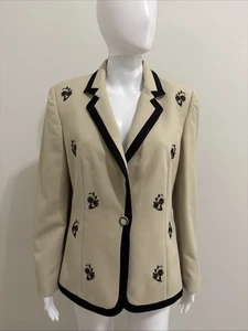 Emily Light Green Floral Sequined Beads Black Trim Blazer Jacket Sz 10 - Picture 1 of 10