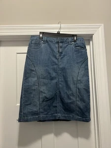 Damen Denim blau Jeansrock knielang bescheiden Gesäßtaschen Größe 14 dehnbar - Bild 1 von 6