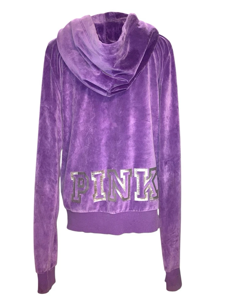 Victoria’s Secret PINK Velour Full Zip Hoodie Purple SZ L 2010 VINTAGE Y2K - Image 1 of 4