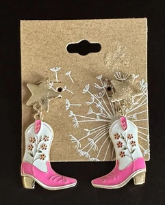 Floral Cowgirl Boot Dangle Earrings Enamel Pink White Gold 1 3/4” X 7/8” - Picture 1 of 5