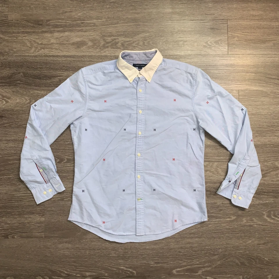 Mens Tommy Hilfiger All Over Embroidered Logo Custom Fit Button Down Shirt Sz. L - Image 1 of 4