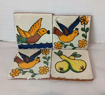Mexican Red Clay Tile Folk Art Bird Handmade Talavera Backsplash Hand painted 4" - Image 1 of 4