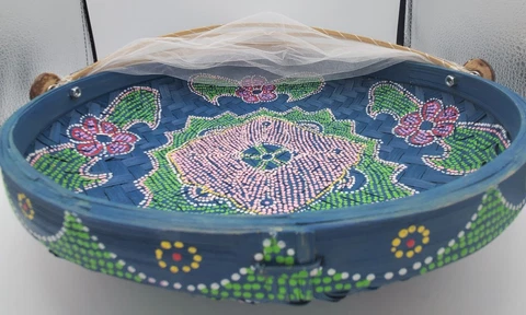 Bamboo Basket Woven Hand Painted Netted Cookout Picnic Outdoor Dining 11.5" Cover