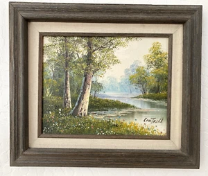Vtg Original Creek & Landscape Painting Picture Mini 14" x 12" Framed Signed - Picture 1 of 12