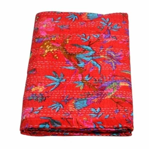 Red Bird Print Kantha Quilt Throw Reversible Bedspread Boho Cotton Bed Cover Art - Picture 1 of 4