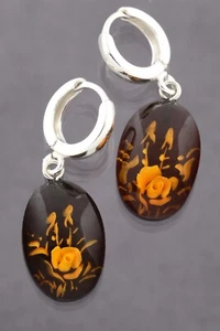 Carved Cameo Rose Genuine BALTIC AMBER Silver Dangling Earrings 3.4g 250211-19 - Picture 1 of 6
