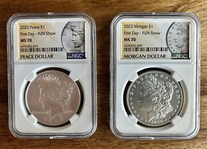 FUN SHOW 2023 Morgan & Peace Silver Dollar 2pc NGC MS70 First Day Coins IN HAND