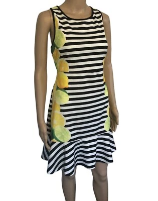ELLE Fun Flirty Fit N Flare Sun Dress Sz 10 NWT Striped Citrus Fruit Sleeveless - Imagem 1 de 4
