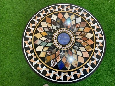 Tavolo da pranzo centro tondo marmo nero vera pietra semipreziosa mosaico arte - Immagine 1 di 4