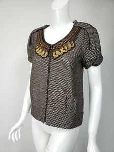 ST JOHN SoCa Brown Blue Beige Metallic Cocoa Bead Trim Zip Sweater sz S - Picture 1 of 5