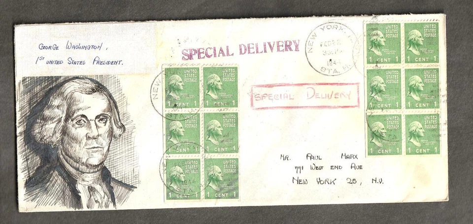 1944 Hand Drawn Illustrated Special Delivery Cover, 2 booklet Panes Scott # 804b - Image 1 of 2