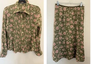 VTG 90’s Matching Floral Skirt & Blouse Size 8/10 Green Pink Flowers Rayon Poly - Picture 1 of 24