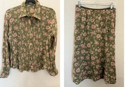 Falda y Blusa Floral De Colección Años 90 A Juego Talla 8/10 Verde Rosa Flores Rayón Poli Foto 1 de 4