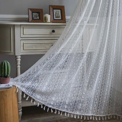 Boho Crochet Tassel Lace Semi-Sheer Curtains Window Drapes Panel Farmhouse Decor - Image 1 of 4