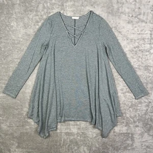 Oddy Women's Top Small Green Gray Stripe Long Sleeve Flare USA Flowy Peasant - Picture 1 of 11