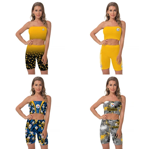 Pittsburgh Steelers Women's 2 Piece Bandeau Crop Top Biker Shorts Yoga Outfit Cover