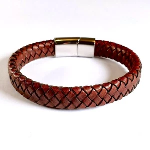 Mens Leather Bracelet Braided Surfer Wristband Stainless Steel Magnetic Clasp UK - Picture 1 of 6