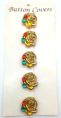 Set Of 5 Vintage 1980s Button Covers Gold Tone And Red, Aqua, And Gold Faux Gems - Image 1 of 4