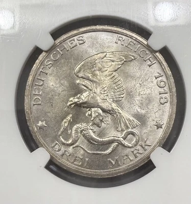 1913 GERMAN STATES Silver 3 MARK NGC MS-63 PRUSSIA - NAPOLEON DEFEAT PRE WWI - Image 1 of 3