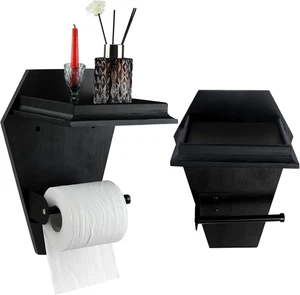 Black Toilet Paper Holder Bathroom Roll Coffin with Shelf Goth Wooden Gothic - Picture 1 of 12