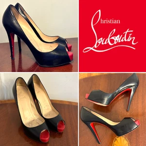 LOUBOUTIN Very Prive Black Leather Platform Peep-Toe Heels Pumps 37.5/US 7.5 - Picture 1 of 19