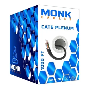 Monk Cables CAT6 cavo plenum 1000 piedi nero UTP 23AWG 550 MHz DSX-8000 NUOVO - Foto 1 di 9