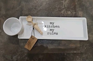 2-teiliges Keramiktablett mit Holzlöffel - My Kitchen My Rules Dipschale - Bild 1 von 7