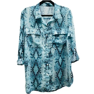 Women’s L Snake Print Long Sleeve Blouse Blue Button Up Reptile Bold Urban Boho - Picture 1 of 8