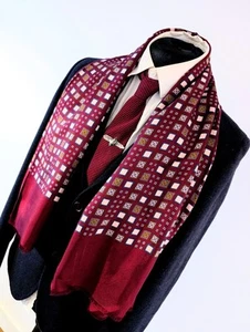 Mens Vintage 1960s Geometric Patterned Evening Silk Red Neck Scarf Cravat - Picture 1 of 8
