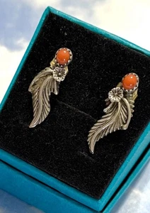 RUNNING BEAR Sterling Silver Coral Indian Squash Blossom Dangling 925 Earrings - Picture 1 of 3