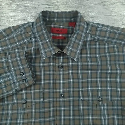 Camisa Hugo Boss Para Hombre Grande Ajustada Abotonada Manga Larga Marrón Azul A Cuadros Foto 1 de 4