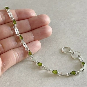 NATURAL TEARDROP PERIDOT 925 STERLING SILVER CHAIN BRACELET 7.5” HANDMADE - Picture 1 of 4