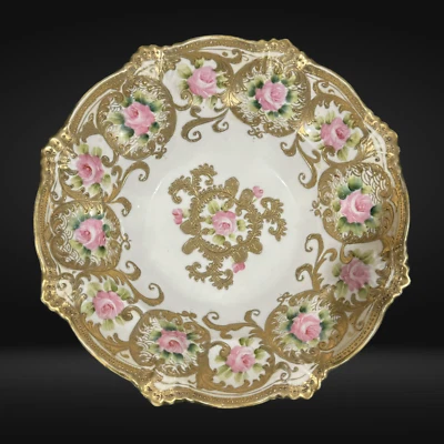 NIPPON Hand Painted Bowl Pink roses Gold Encrusted Trim Antique 10" signed - Image 1 of 4