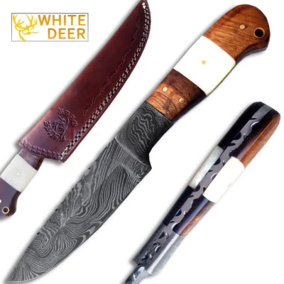 Geronimo Damascus Hunting Knife Full Tang Buffalo Bone Walnut-Wood Handle Custom - Image 1 of 3