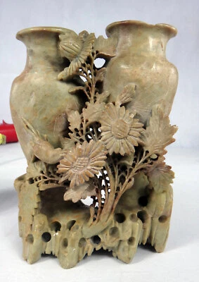 Jarrón doble piedra de jabón verde jade flores doble mano tallada pájaro piedra chino de colección Foto 1 de 4