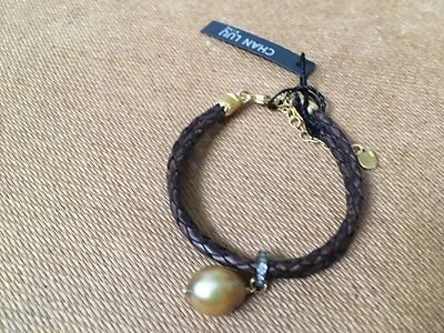 Chan Luu NUEVO CON ETIQUETAS Doble Marrón Trenzado Cuero Amarillo Perla Gota Diamante Pulsera  Foto 1 de 4