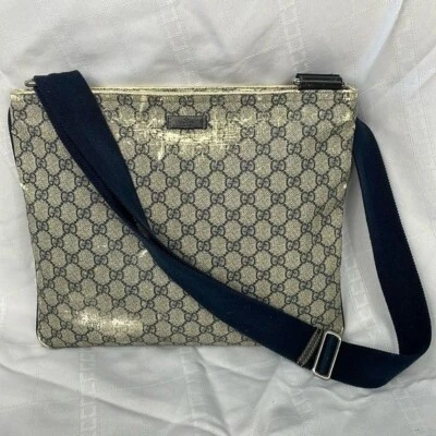 Gucci Monogram GG Supreme Flat Messenger Shoulder Crossbody Bag Navy Blue Beige - Image 1 of 4